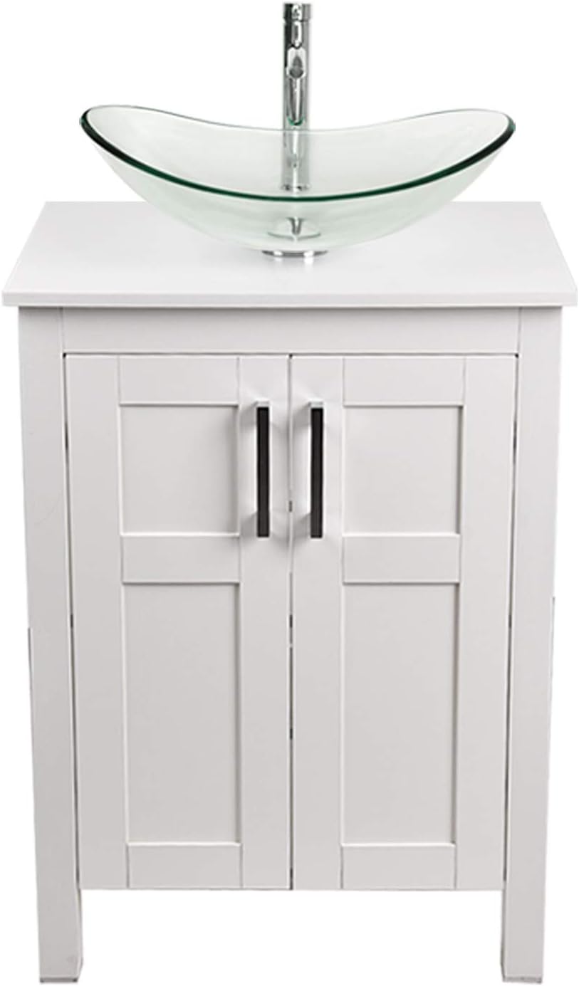 White 24 Inches Bathroom Vanity with 2 Doors Tempered Glass Sink Top B8517