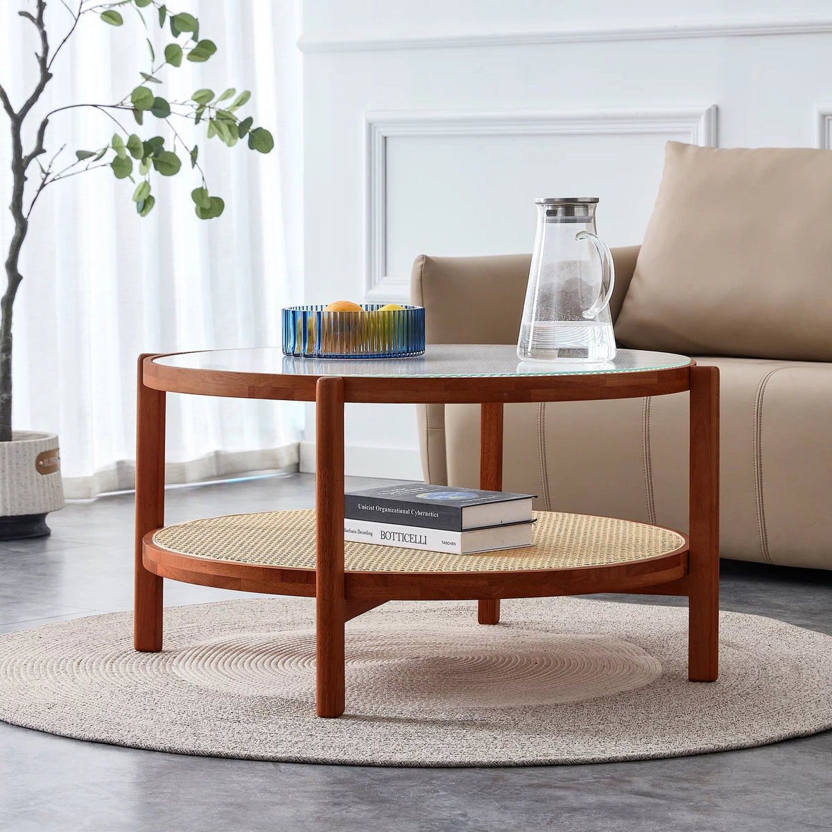 Solid Wood Coffee Table with Glass Top and PE Rattan C446936