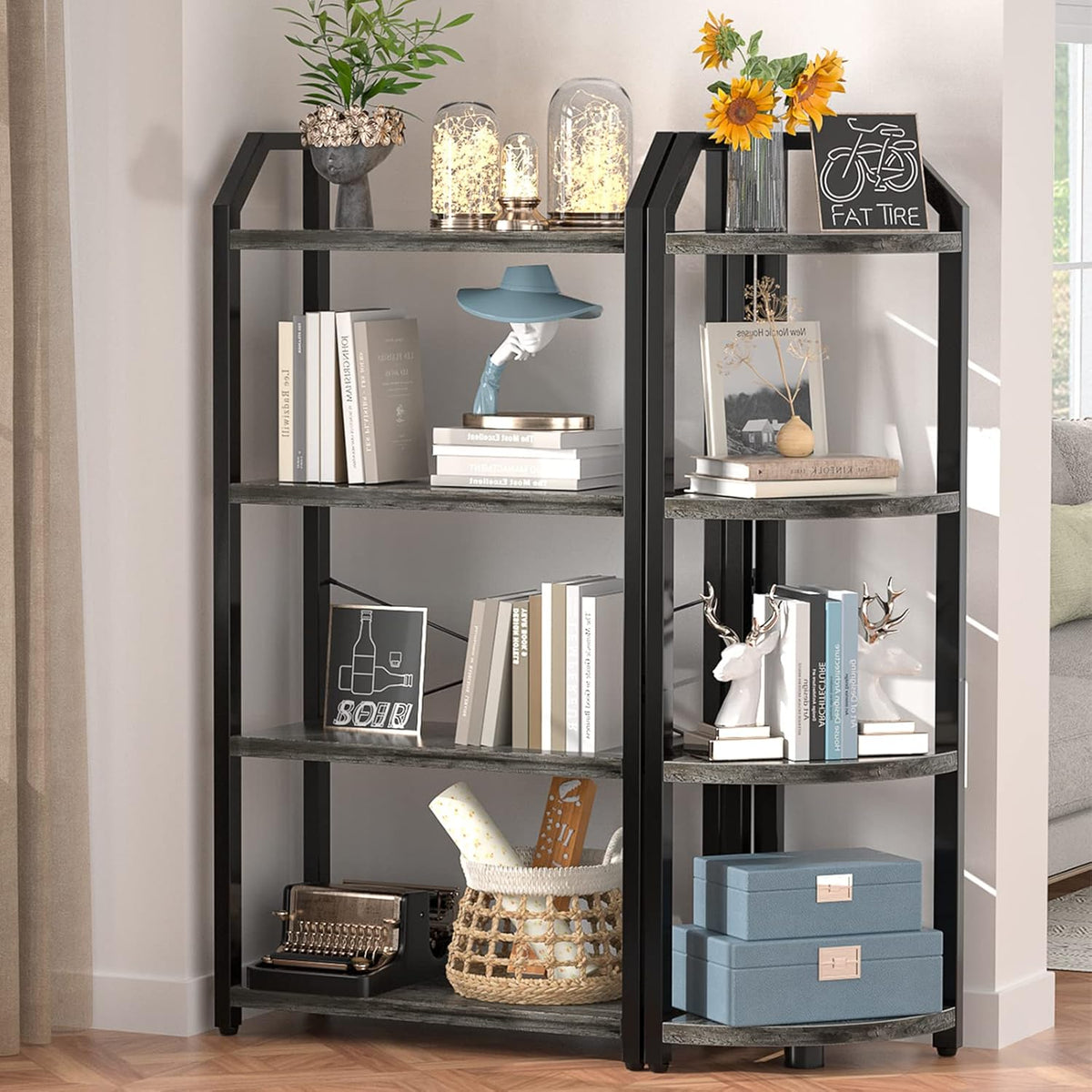 4-Tier Bookshelves Set of 2, Grey Open Display Shelves L556