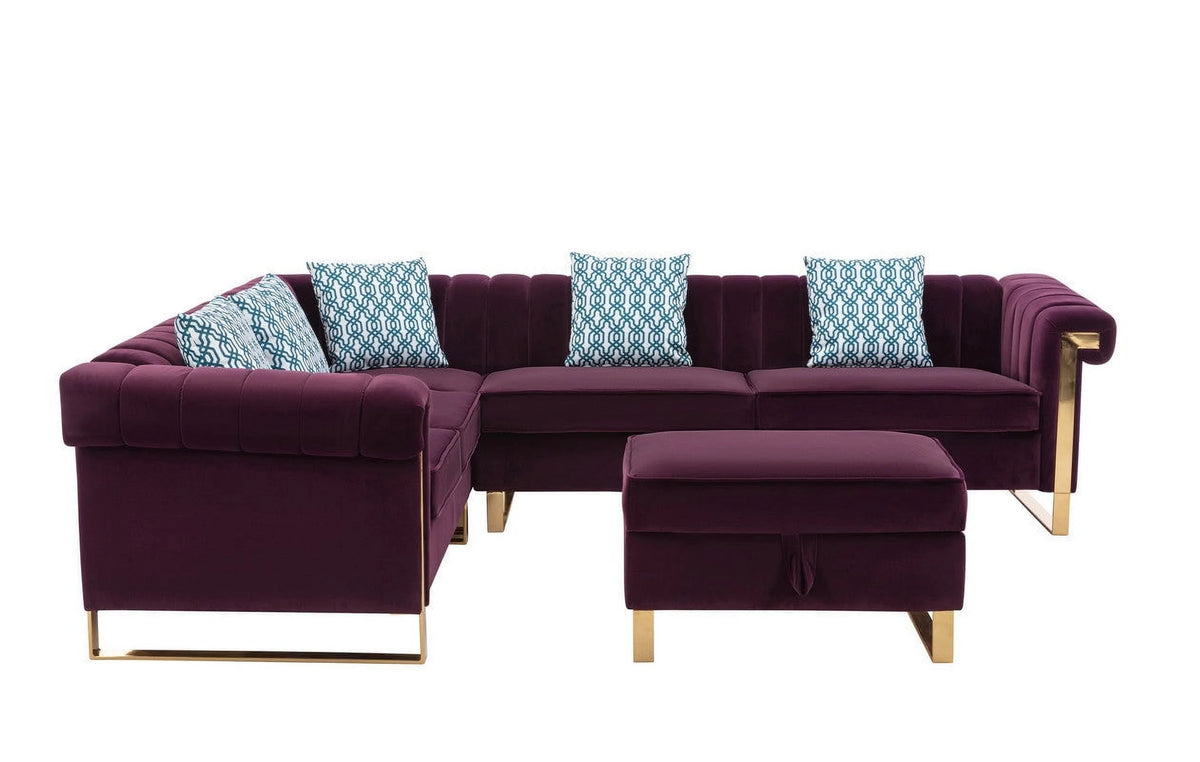 Purple Velvet 6-Seater Sectional Sofa with Storage Ottoman M69380