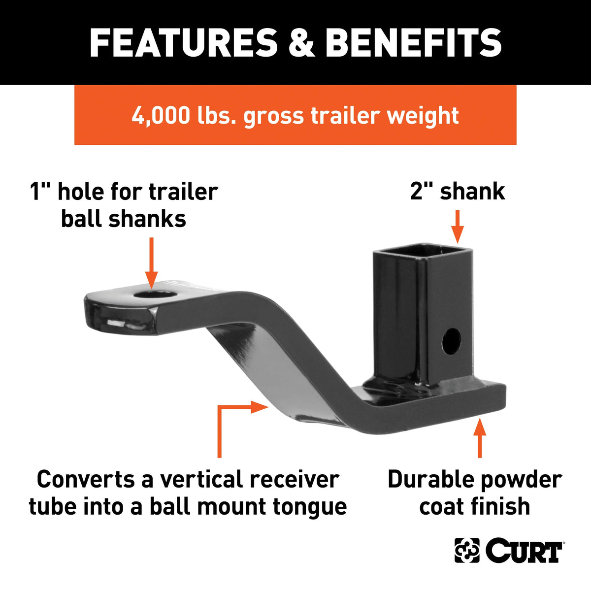 Vertical Trailer Hitch Ball Mount, 2-Inch Receiver, 4,000 lbs, 1-Inch Hole, 2-1/4-Inch Drop G36577