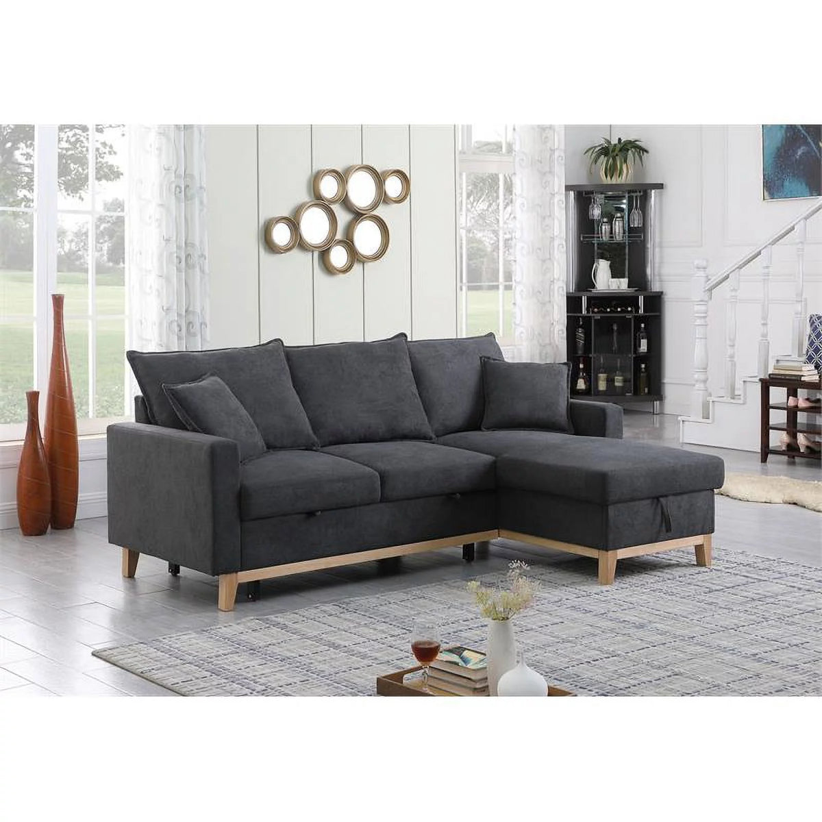 Dark Gray Fabric Reversible Sleeper Sectional with Storage Chaise V355