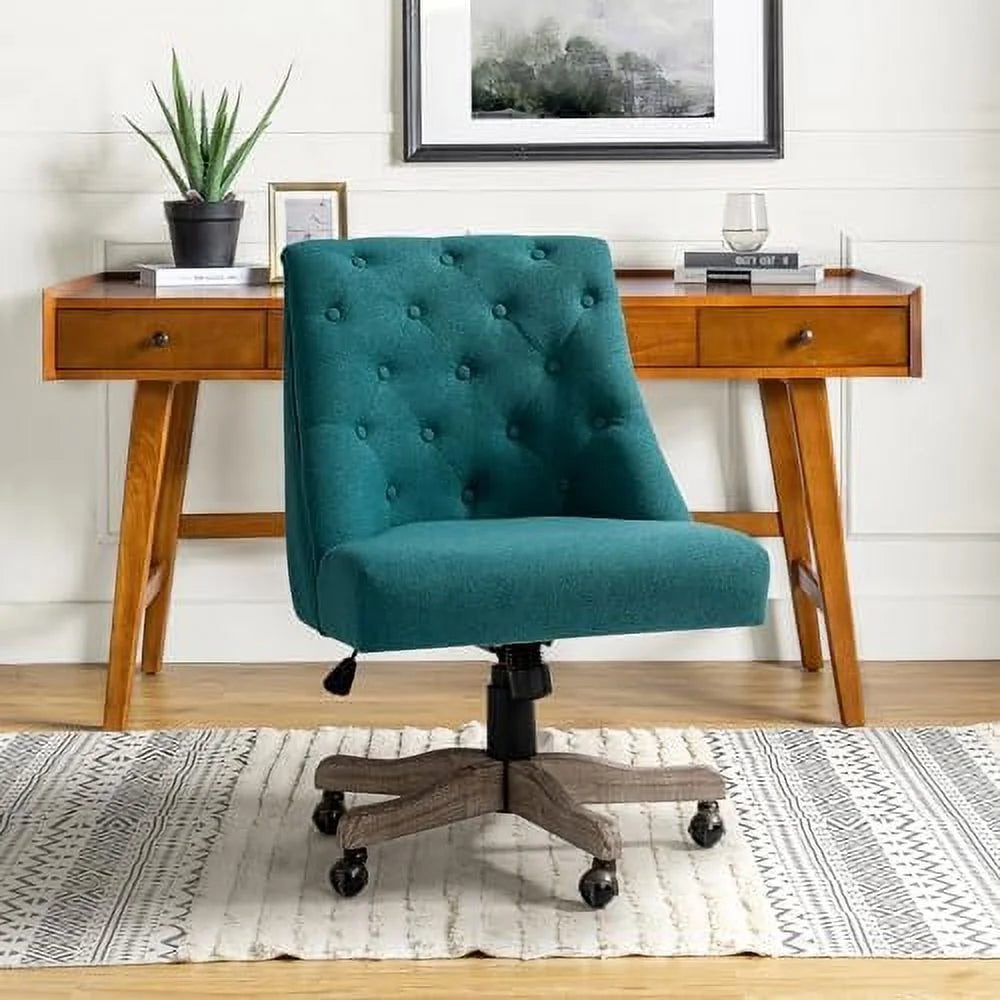 Blue Tufted Upholstered Desk Chair with Wood Base I9855