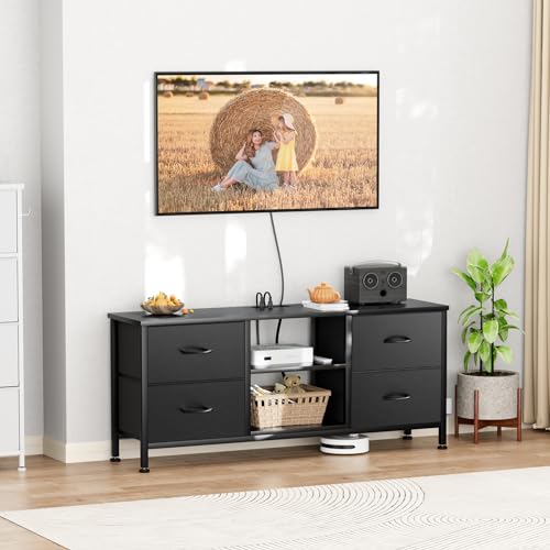Black Wood Veins TV Stand with 4 Fabric Drawers L2896