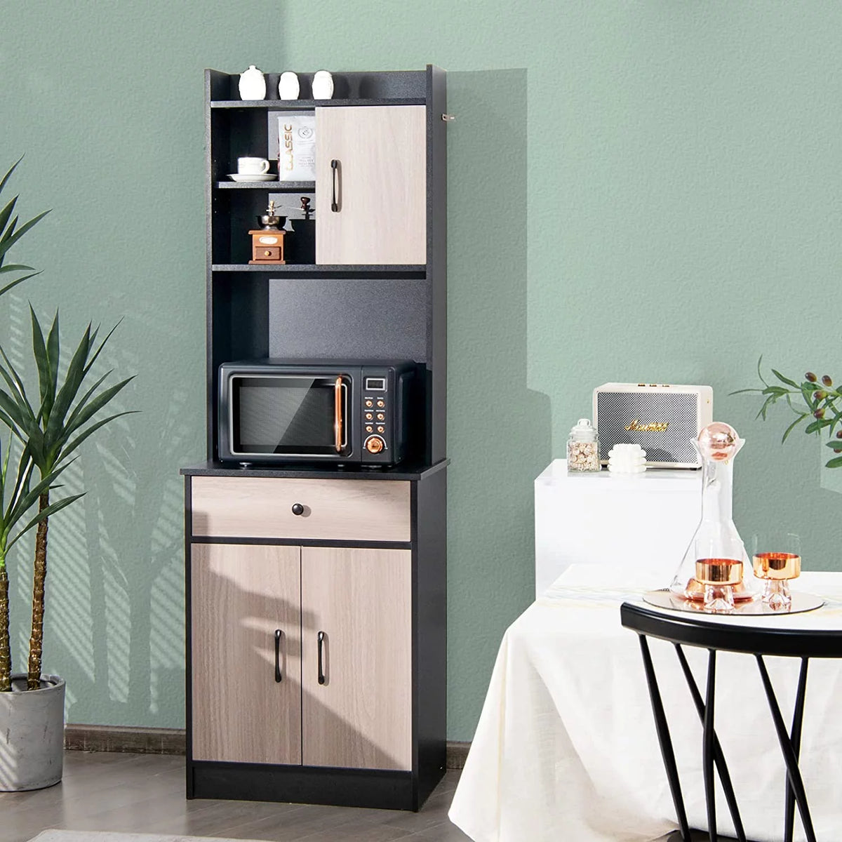 Tall Buffet Hutch Cabinet with Drawer and Shelf, Black & Natural N703