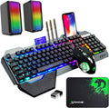Wireless Gaming Keyboard Mouse and Wired Computer Speaker with Rainbow RGB Backlit Rechargeable Battery Metal Mechanical Ergonomic Waterproof Dustproof Removable Palm Rest Black M395488
