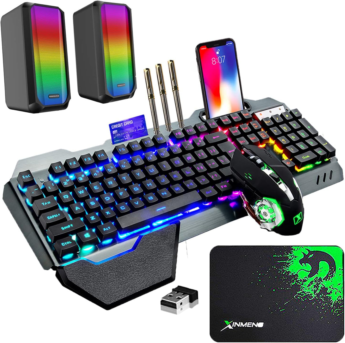 Wireless Gaming Keyboard Mouse and Wired Computer Speaker with Rainbow RGB Backlit Rechargeable Battery Metal Mechanical Ergonomic Waterproof Dustproof Removable Palm Rest Black M395488