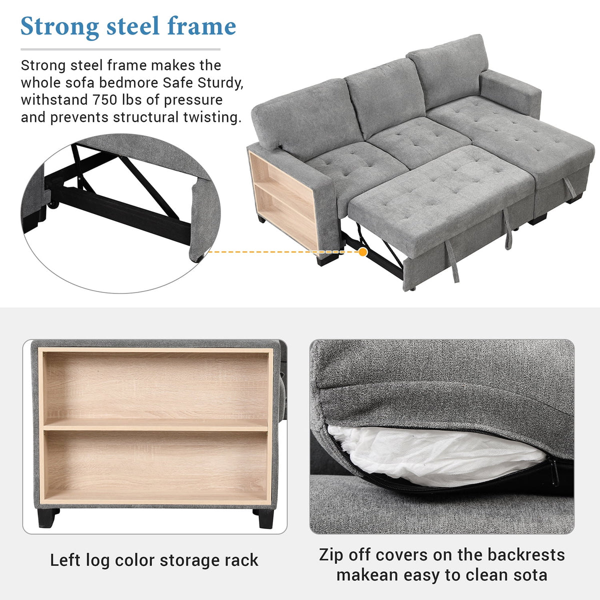 Gray L Shaped Sectional Sofa Bed with Storage A206