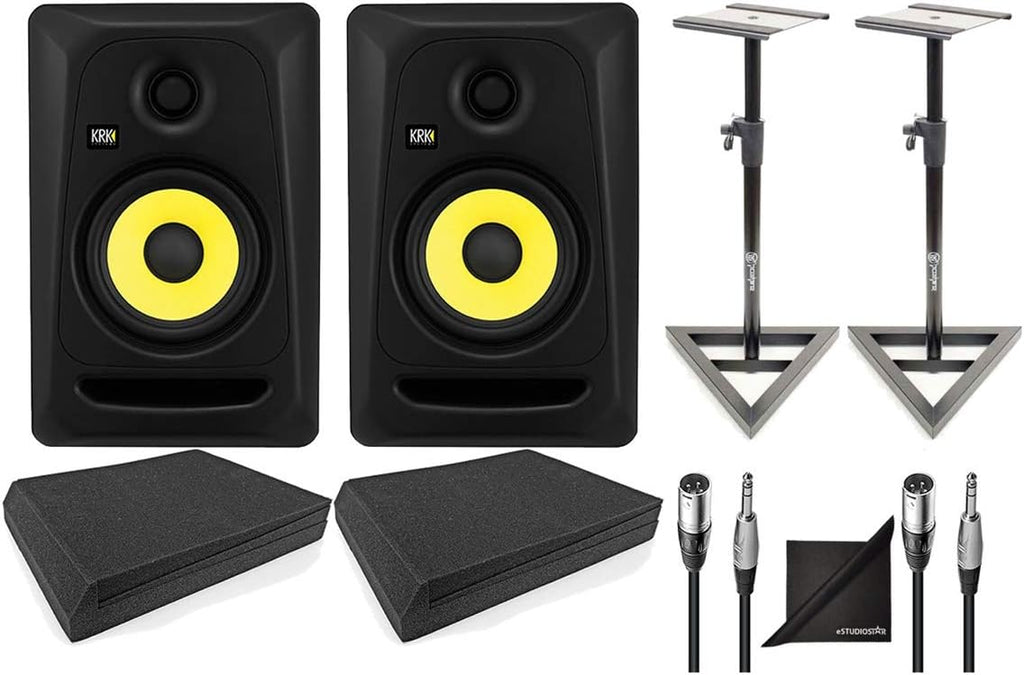 5 Professional Powered Studio Monitor with Speaker Stands, Isolation Foam Pads, Audio Cables and Polishing Cloth S979