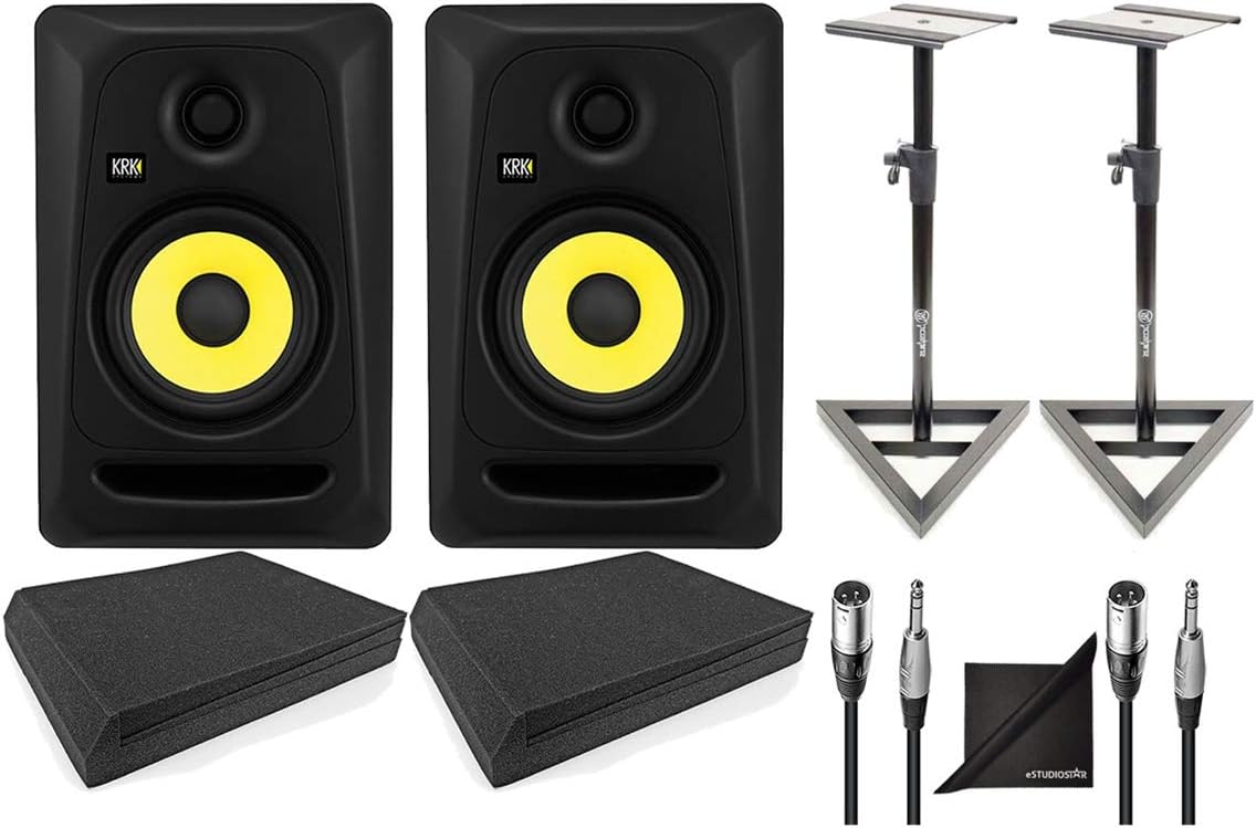 5 Professional Powered Studio Monitor with Speaker Stands, Isolation Foam Pads, Audio Cables and Polishing Cloth S979