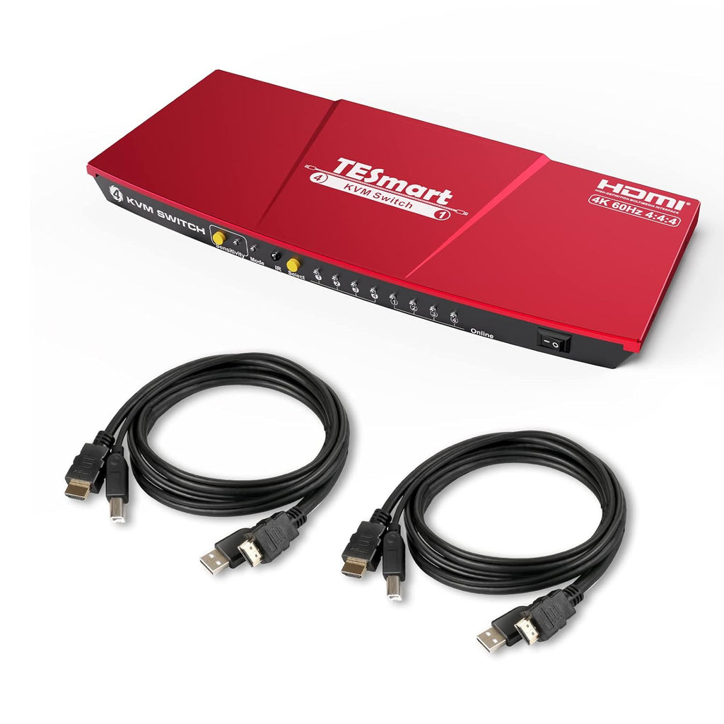 HDMI KVM Switch 4 Port 4K @60Hz 4x1 with 2 Pcs 5ft KVM Cables USB 2.0 Red I952727