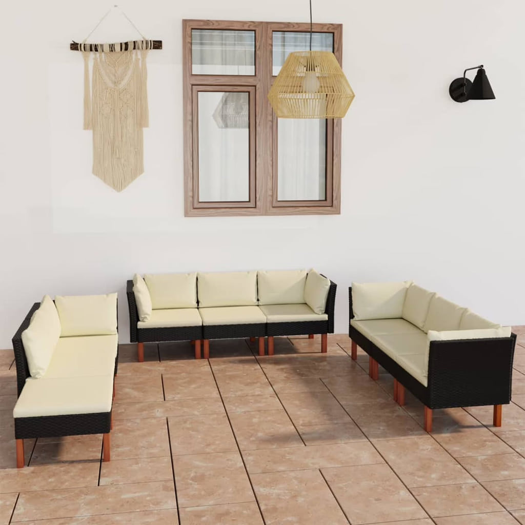 9 Piece Black Poly Rattan Outdoor Sofa Set with Cream White Cushion and Wood Legs J957