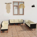 9 Piece Black Poly Rattan Outdoor Sofa Set with Cream White Cushion and Wood Legs J957