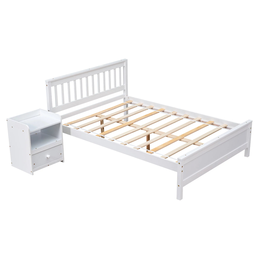 Twin Full Size Pine Wood Platform Bed with Headboard Nightstand and Footboard I7367