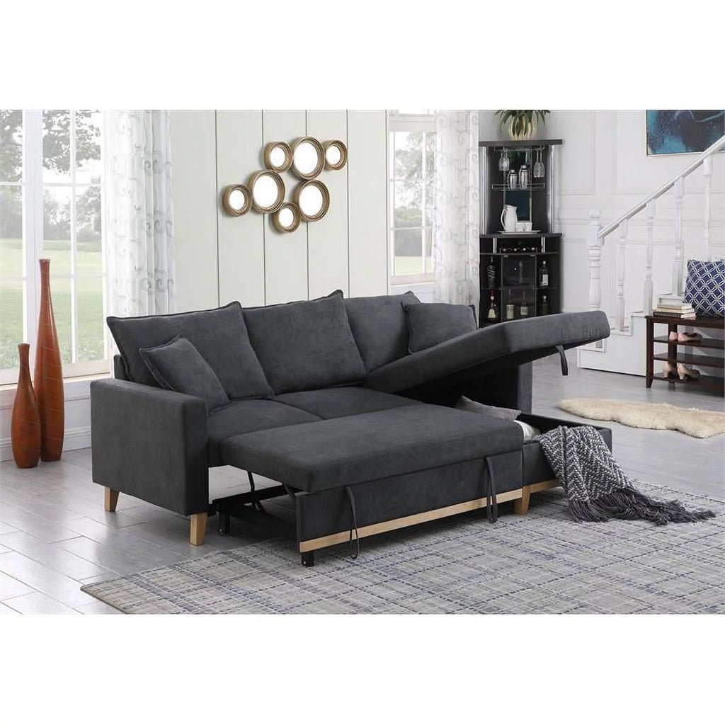 Dark Gray Fabric Reversible Sleeper Sectional with Storage Chaise V355