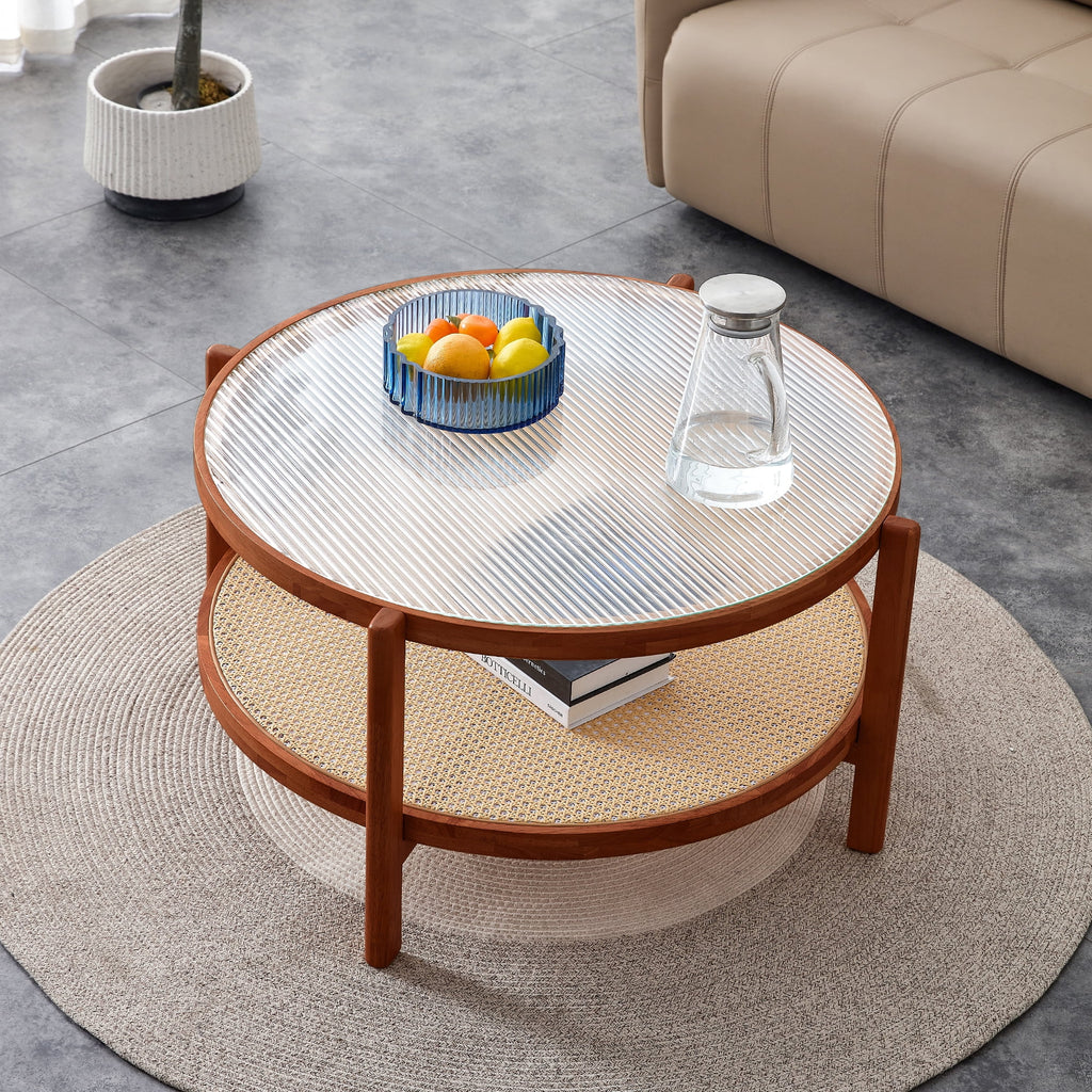 Solid Wood Coffee Table with Glass Top and PE Rattan C446936
