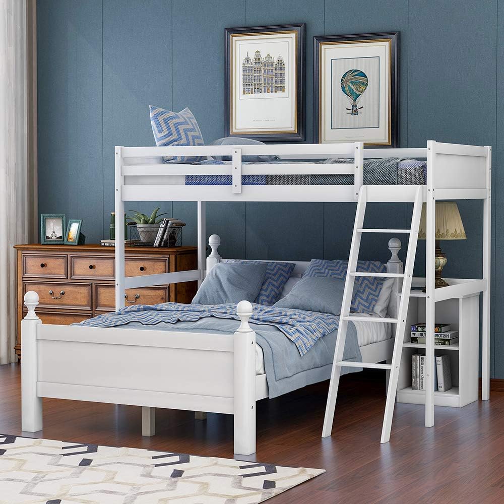 Twin Over Full Wood Loft Bunk Bed with Cabinet, Ladders, Shelves and Safety Rail N94790