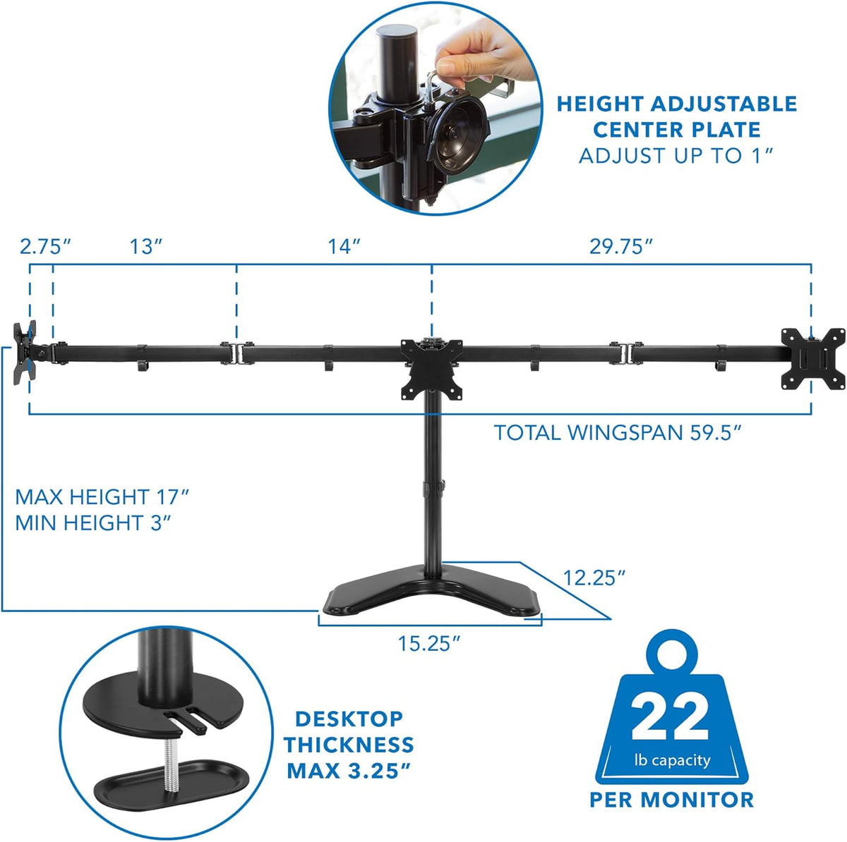 Triple Monitor Stand Freestanding Computer Desk Mount for 27 Inch Monitors VESA 75 100 T41425
