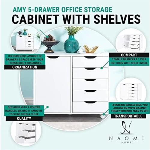 5 Drawer Wood Dresser Cabinet with Wheels X4407