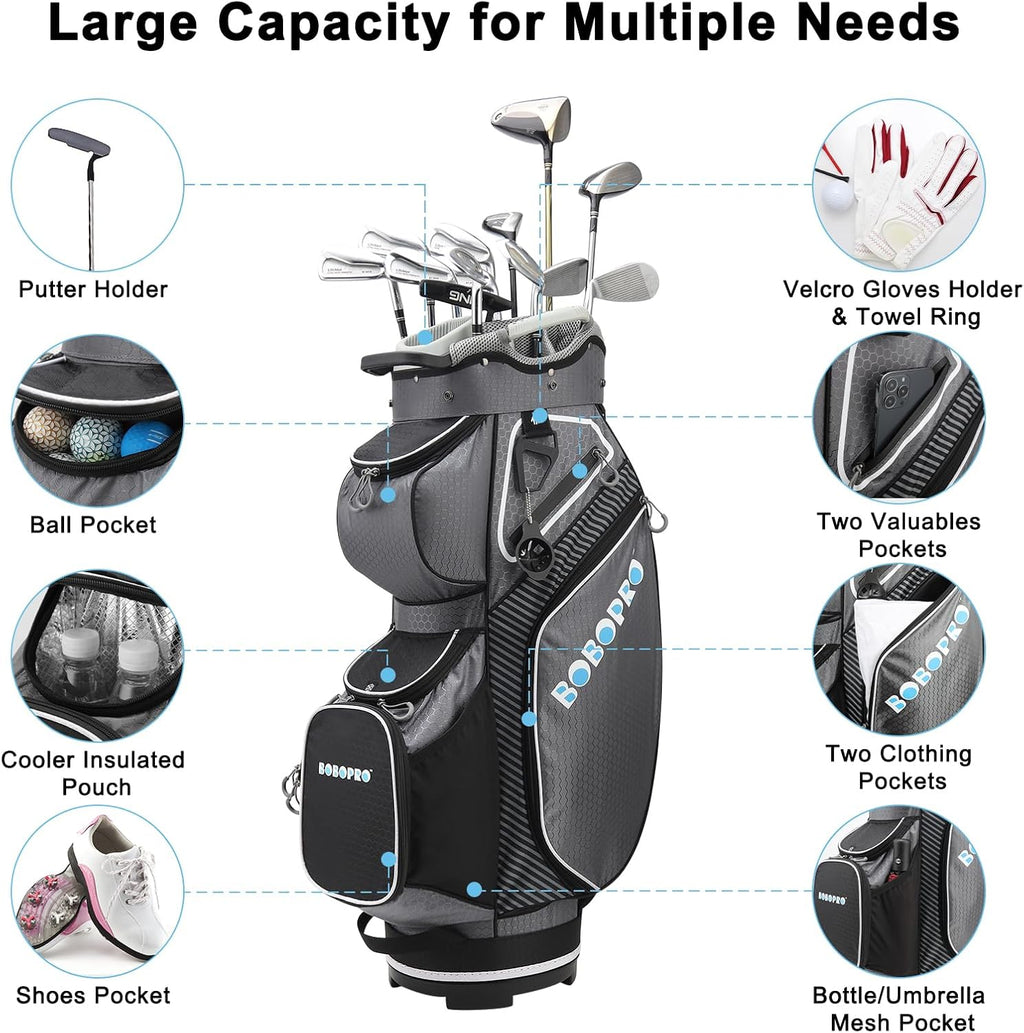 Golf Cart Bag with 14 Way Divider Top, 8 Pockets, Cooler Pouch, Rain Hood, Dust Cover, Detachable Single Strap Y47814
