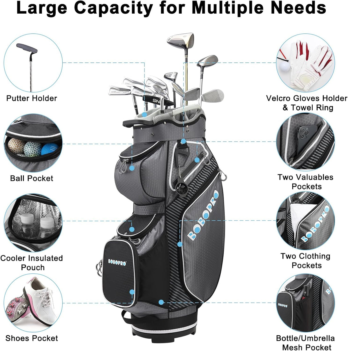 Golf Cart Bag with 14 Way Divider Top, 8 Pockets, Cooler Pouch, Rain Hood, Dust Cover, Detachable Single Strap Y47814