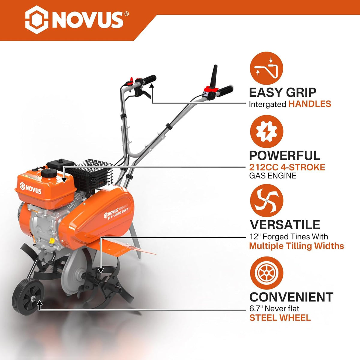 21-Inch Gas Powered Front Tine Tiller Cultivator 212cc 4-Cycle Gas Engine H3621