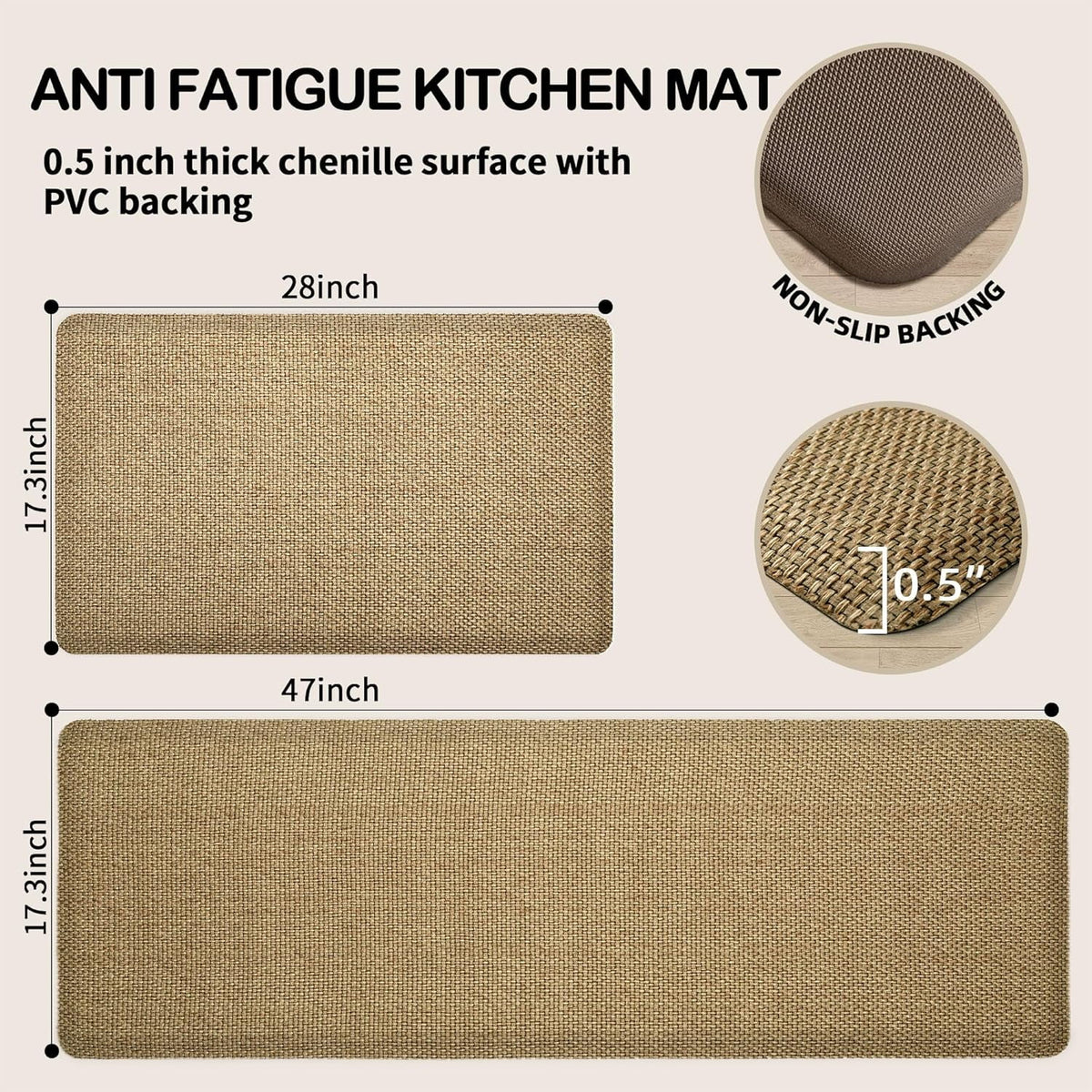 Beige Cushioned Anti-Fatigue Kitchen Mats 2PCS 17.3"x28" 17.3"x47" G96855