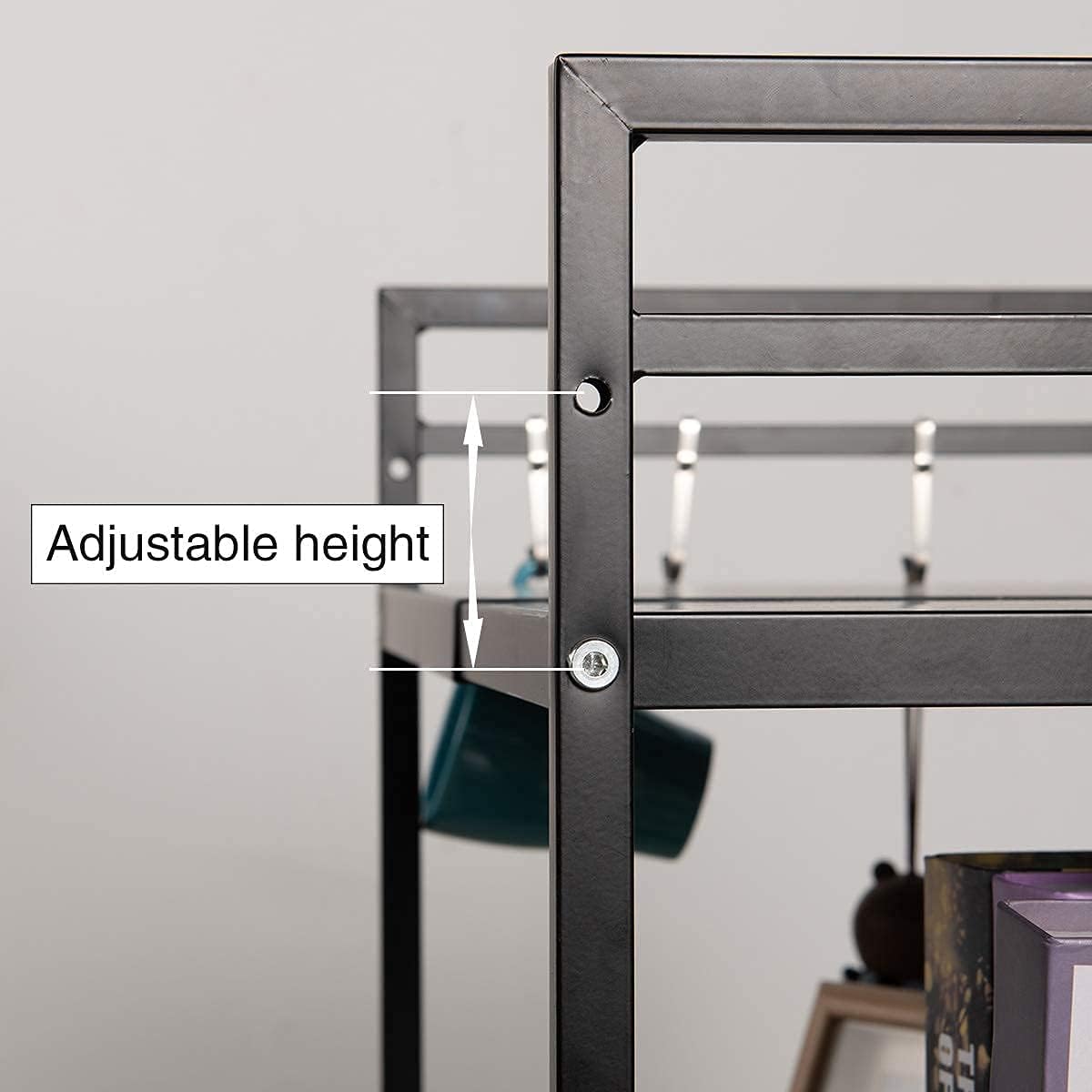 3-Tier Adjustable Heavy Duty Microwave Rack with 3 Hooks Carbon Steel Matte Black W68619