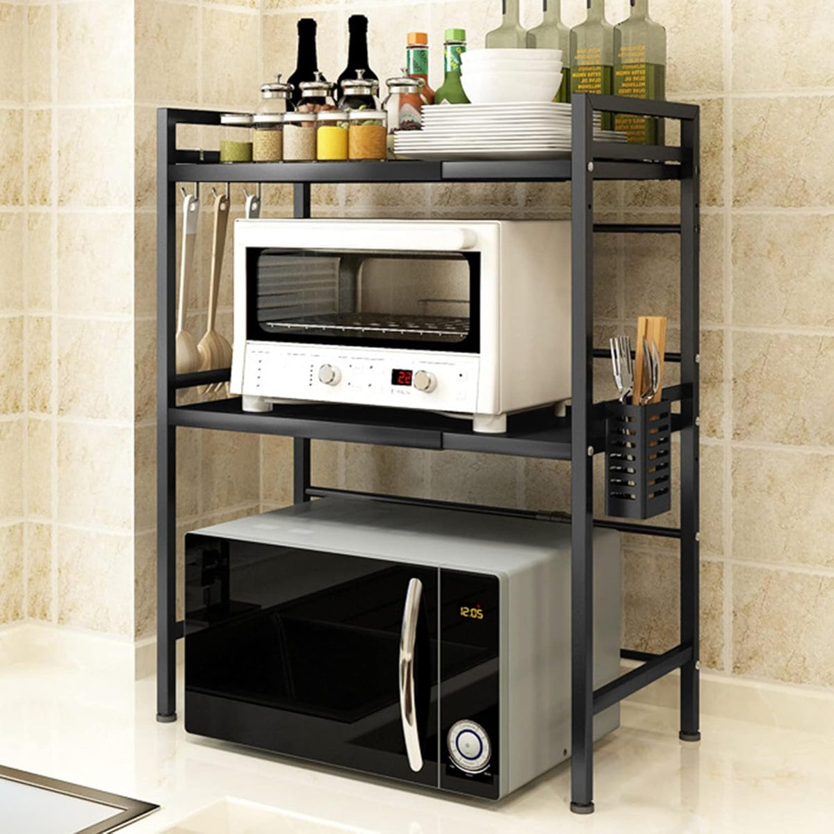 3-Tier Adjustable Heavy Duty Microwave Rack with 3 Hooks Carbon Steel Matte Black W68619