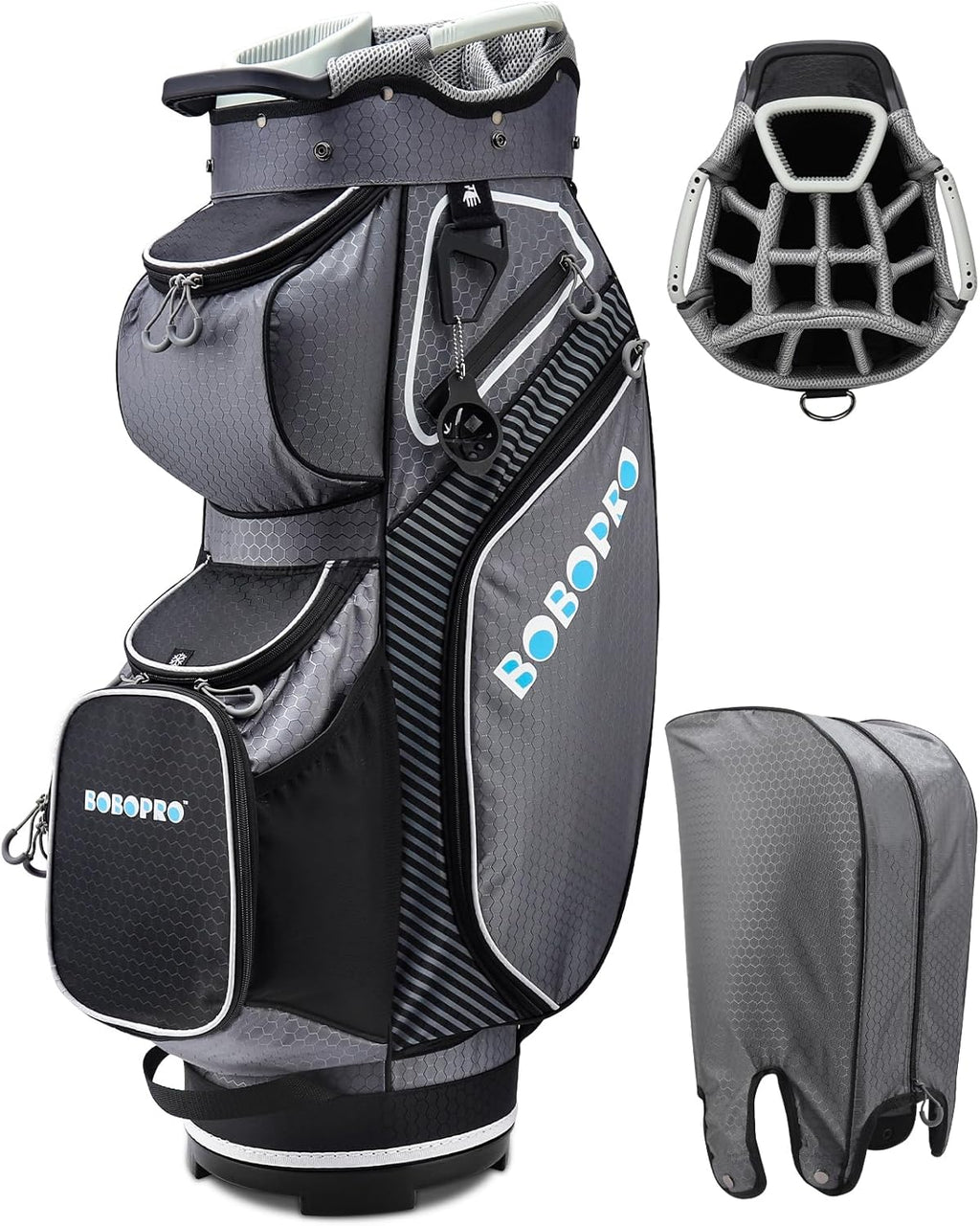 Golf Cart Bag with 14 Way Divider Top, 8 Pockets, Cooler Pouch, Rain Hood, Dust Cover, Detachable Single Strap Y47814