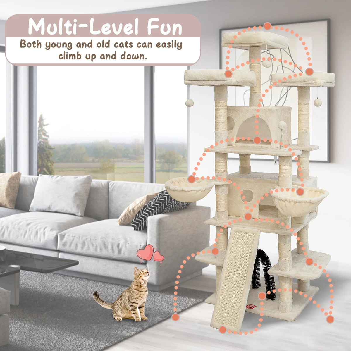 Beige Large Cat Tree with 2 Cat Condo & Scratching Posts S97274