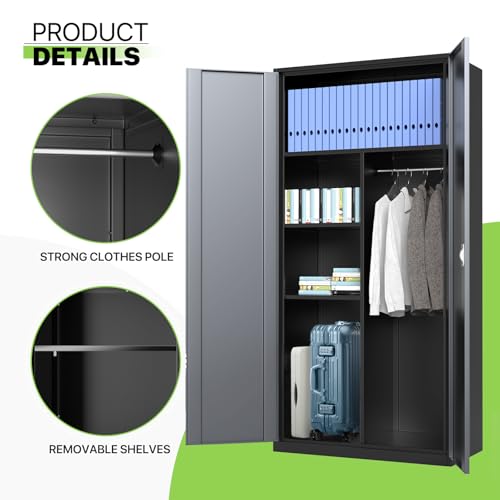 Grey 72" Steel Storage Cabinet with 4 Shelves and Hanging Rod Y107921