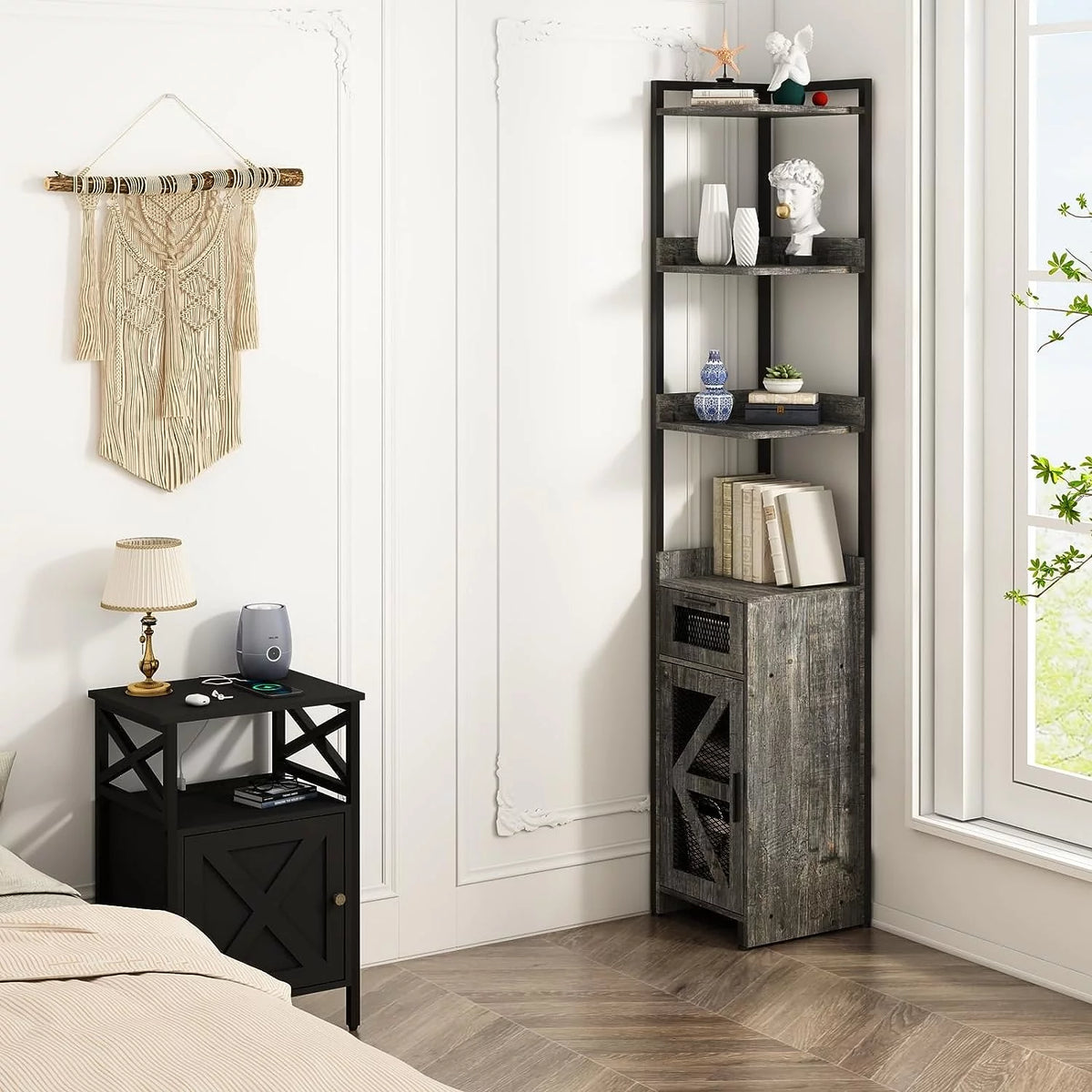 Grey 7-Tier Corner Cabinet with Drawer Z294804