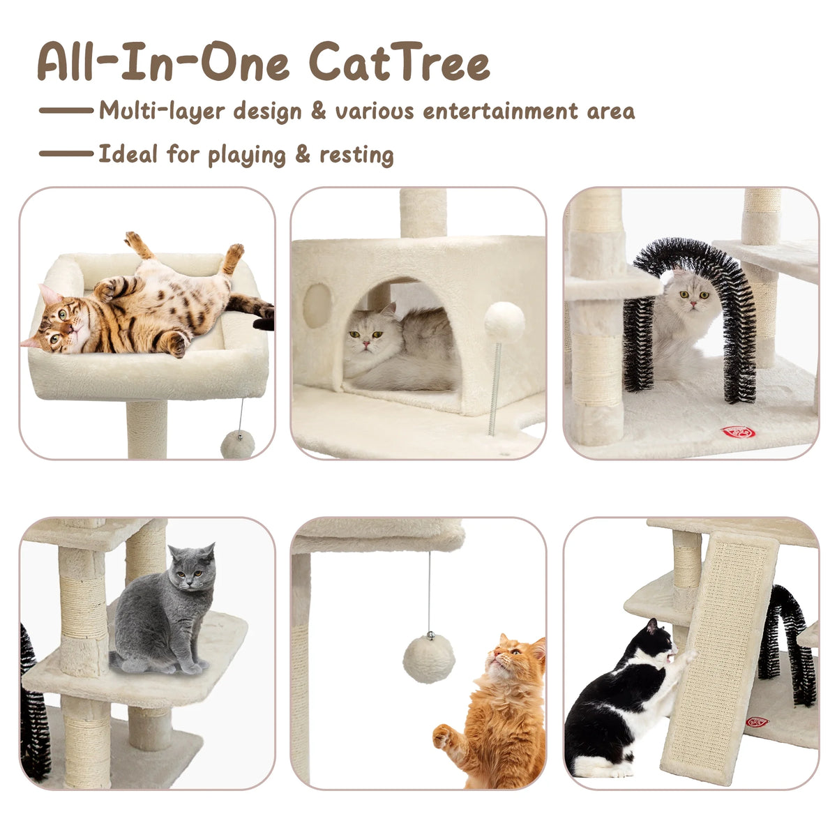 Beige Large Cat Tree with 2 Cat Condo & Scratching Posts S97274