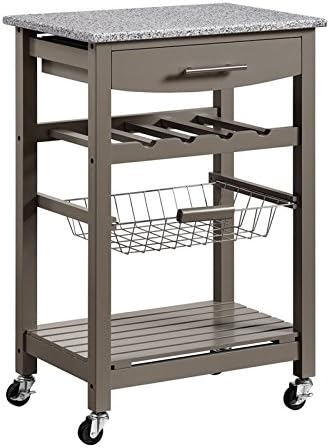 Granite Top Pine Wood Rolling Kitchen Island Microwave Cart with Storage D353