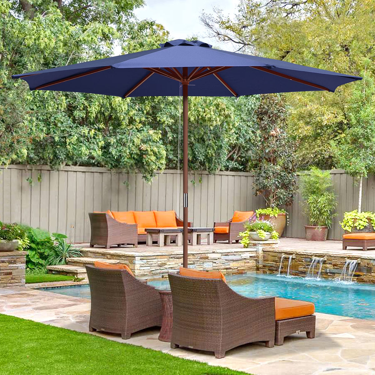 9ft Wooden Pole Patio Umbrella 8 Ribs U859019