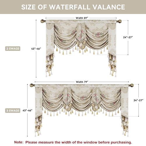 Pearly Beige Jacquard Waterfall Valance with Tassels, W79Inch K19290