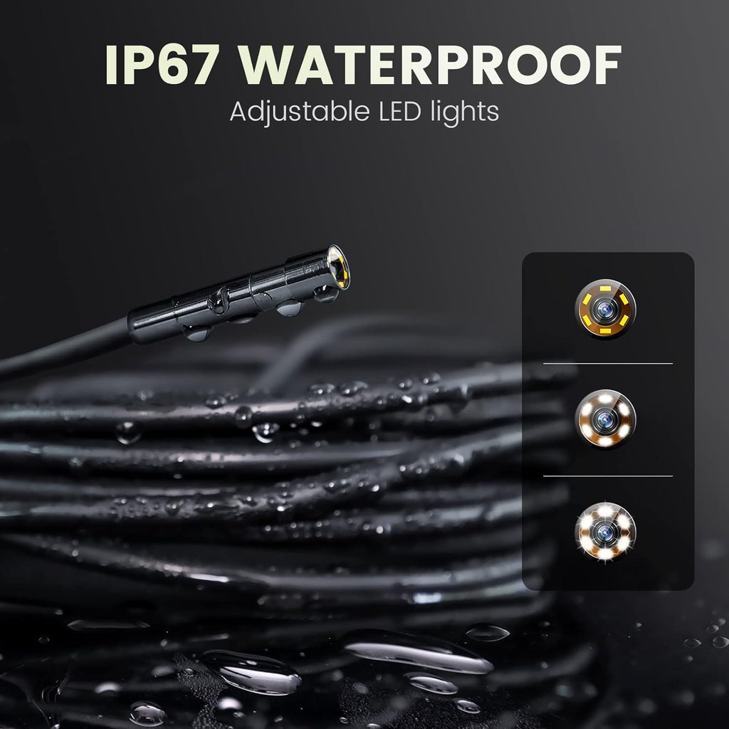 1080P HD Borescope Inspection Camera with 6 LED Lights and 16.4ft Semi-Rigid Gooseneck I6043