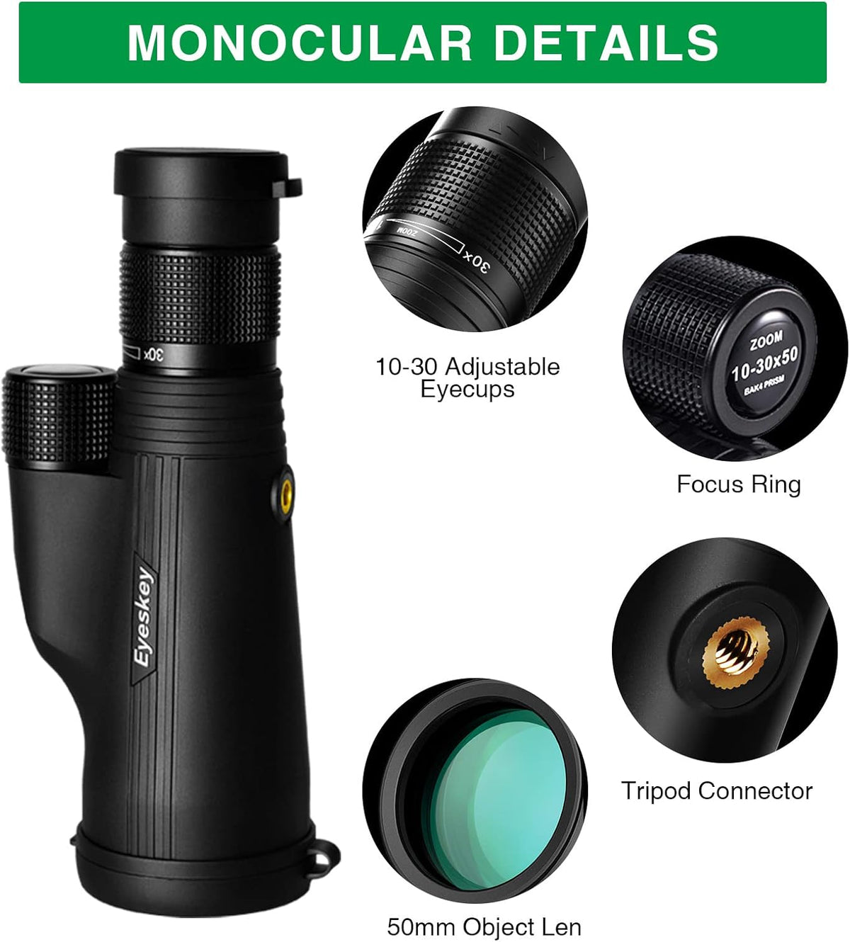 10-30X50 HD BAK4 Prism Monocular Telescope with Smartphone Adapter & Tripod P994709