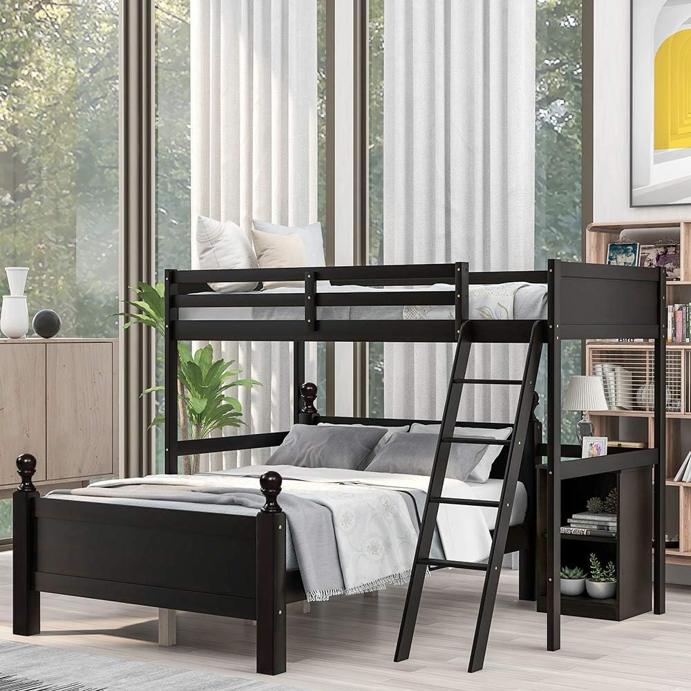 Twin Over Full Wood Loft Bunk Bed with Cabinet, Ladders, Shelves and Safety Rail N94790