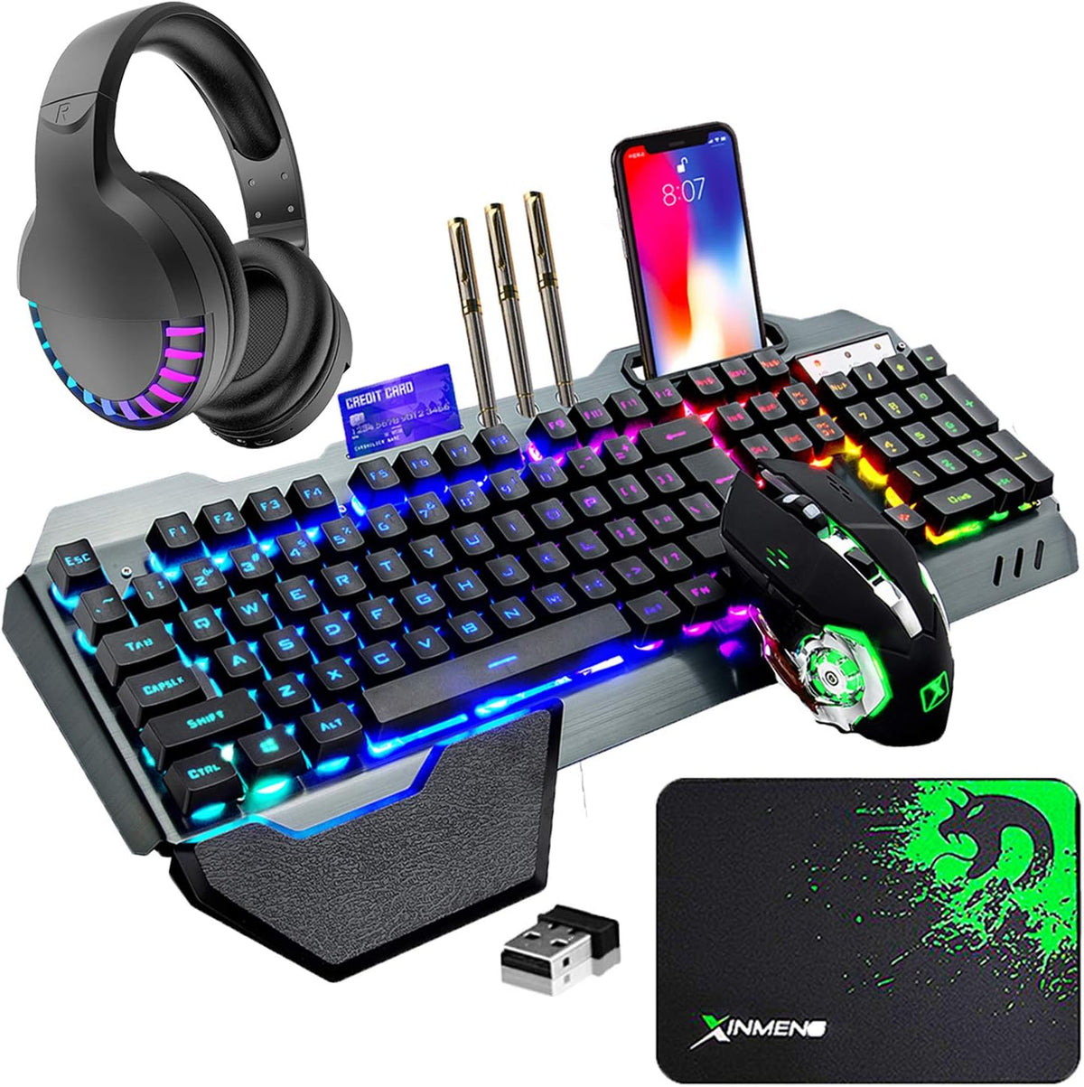 Wireless Gaming Keyboard Mouse and Wired Computer Speaker with Rainbow RGB Backlit Rechargeable Battery Metal Mechanical Ergonomic Waterproof Dustproof Removable Palm Rest Black M395488