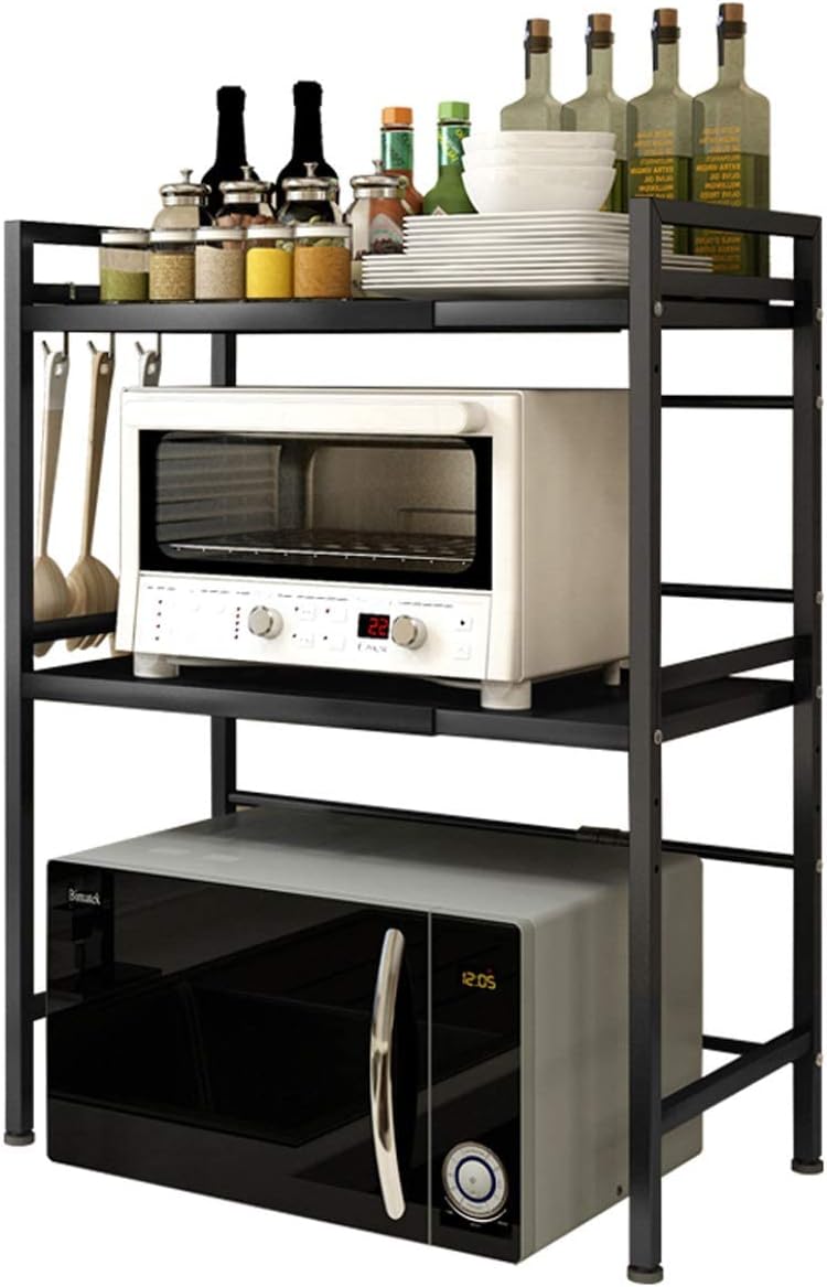 3-Tier Adjustable Heavy Duty Microwave Rack with 3 Hooks Carbon Steel Matte Black W68619