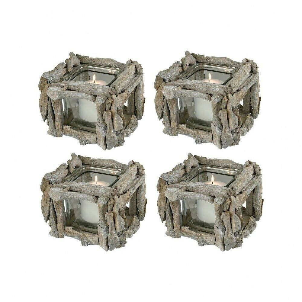 6.5 inch Square Driftwood Votive Candle Holder Set of 4 Wood Glass P2107
