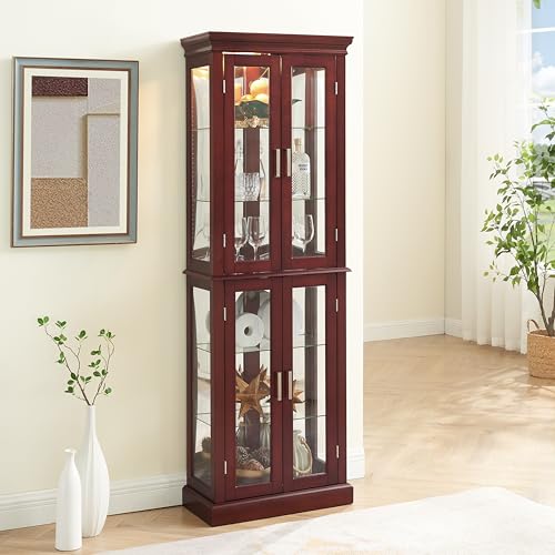 70" Tall 6-Shelf Curio Cabinet with 4 Tempered Glass Doors and Adjustable Storage Shelves (Oak) I570915