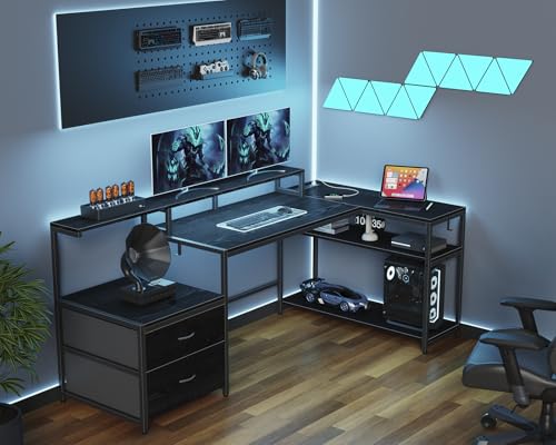 White L Shaped Gaming Desk with Drawers, LED Lights, Power Outlets, Shelves N676486