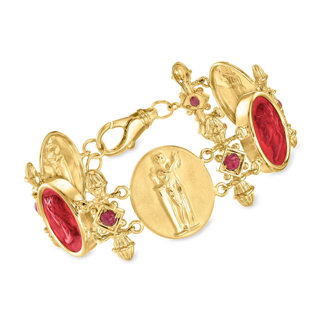 Red Venetian Glass Bracelet With Rubies in 18kt Gold Over Sterling Z957