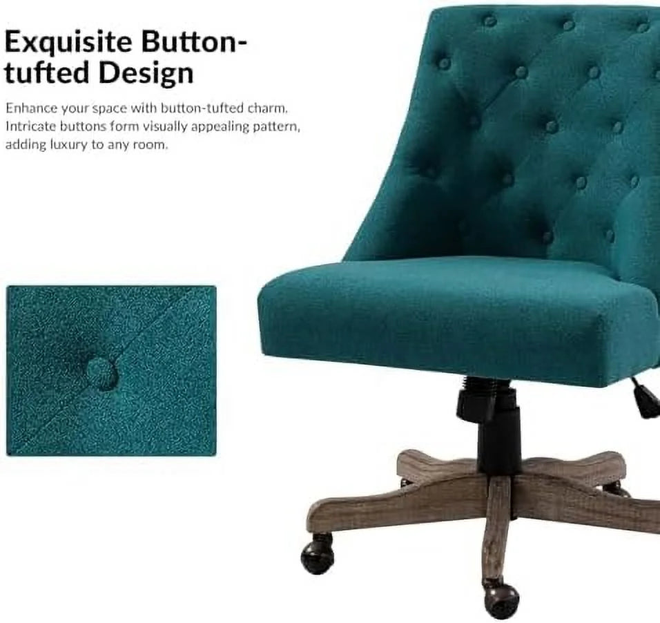 Blue Tufted Upholstered Desk Chair with Wood Base I9855