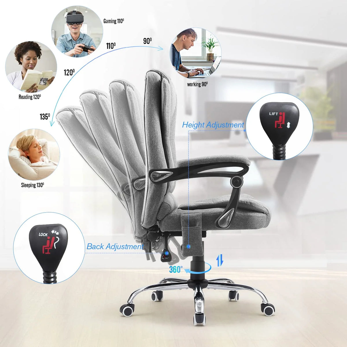 Grey Ergonomic Reclining Office Chair Y7592