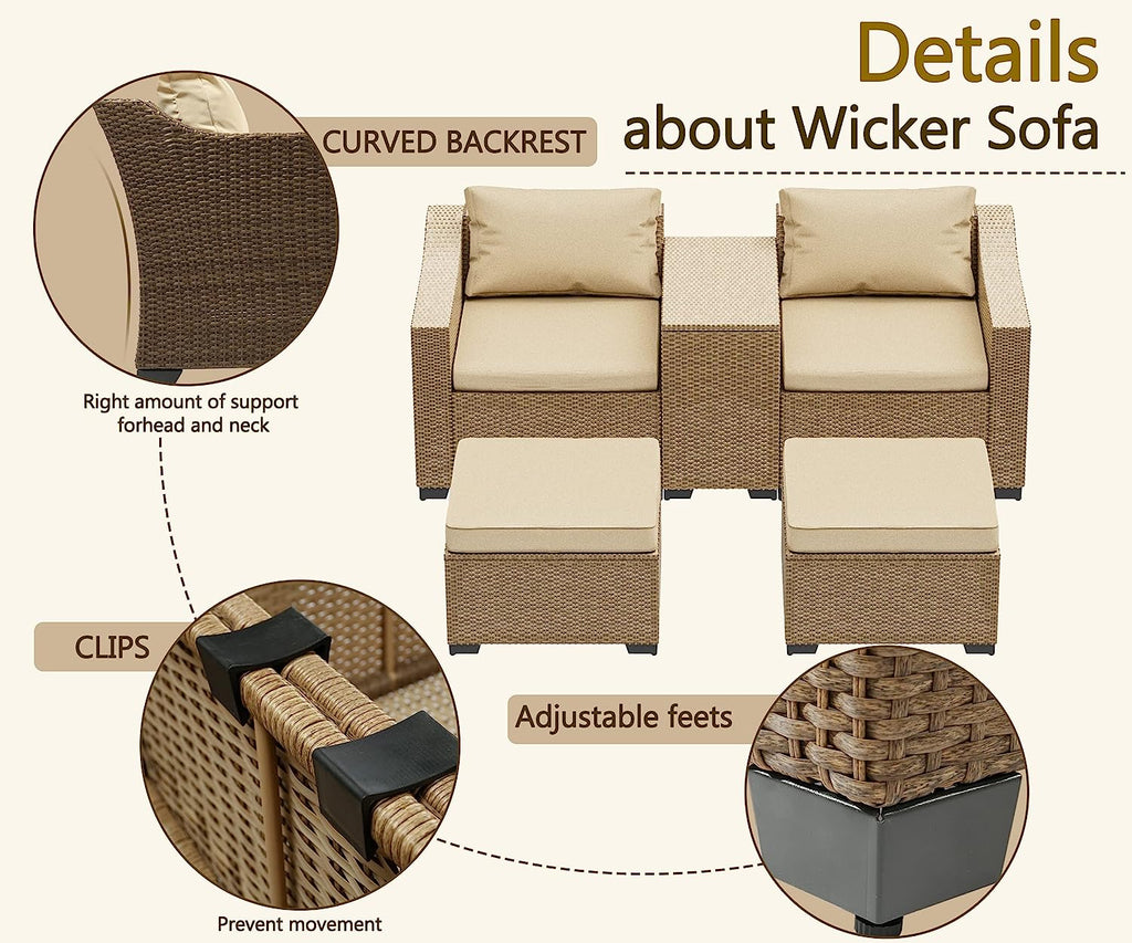 5-Piece Wicker Outdoor Sectional Sofa Set with Ottoman E919