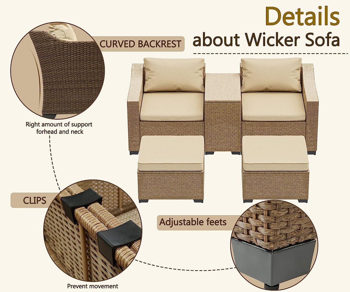 5-Piece Wicker Outdoor Sectional Sofa Set with Ottoman E919
